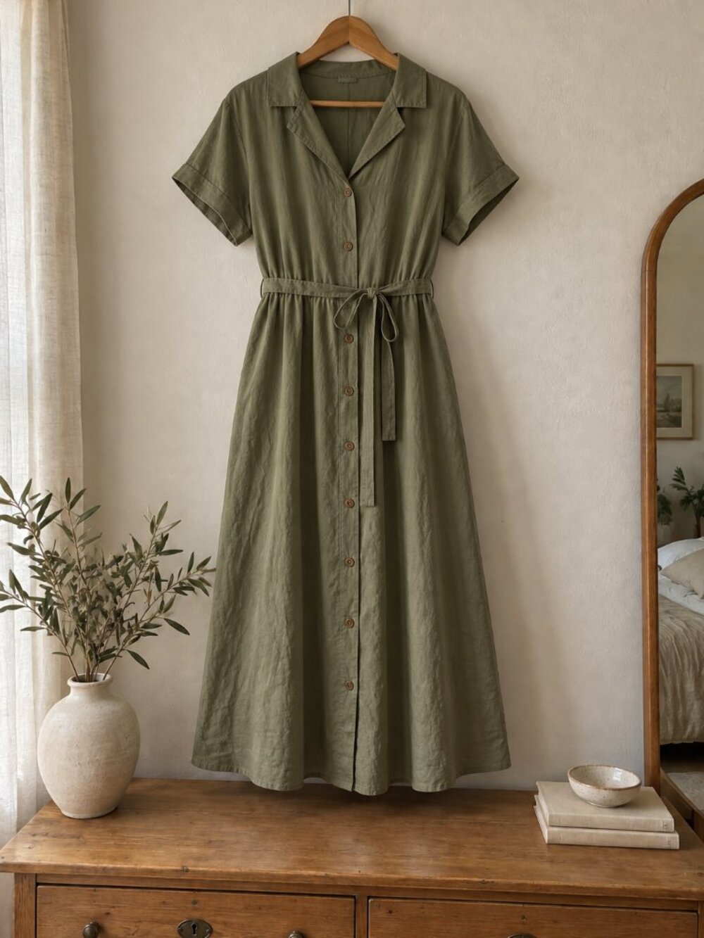 Olive Green Button Front Midi Shirt Dress Tie Waist
